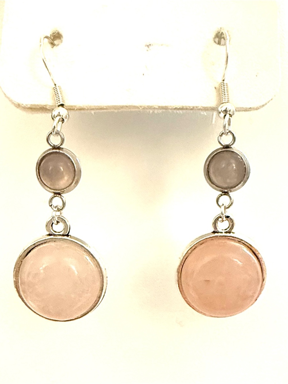 925 Sterling Silver Pink Rose Quartz Double Drop Dangle Earrings